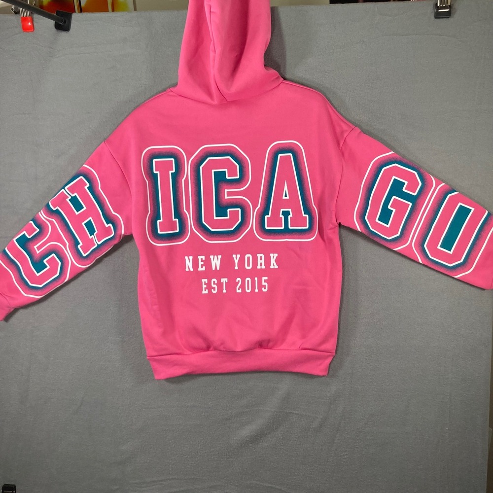 CHICAGO New‎ York Pink Hoodie Womens Large Oversized Spell Out
